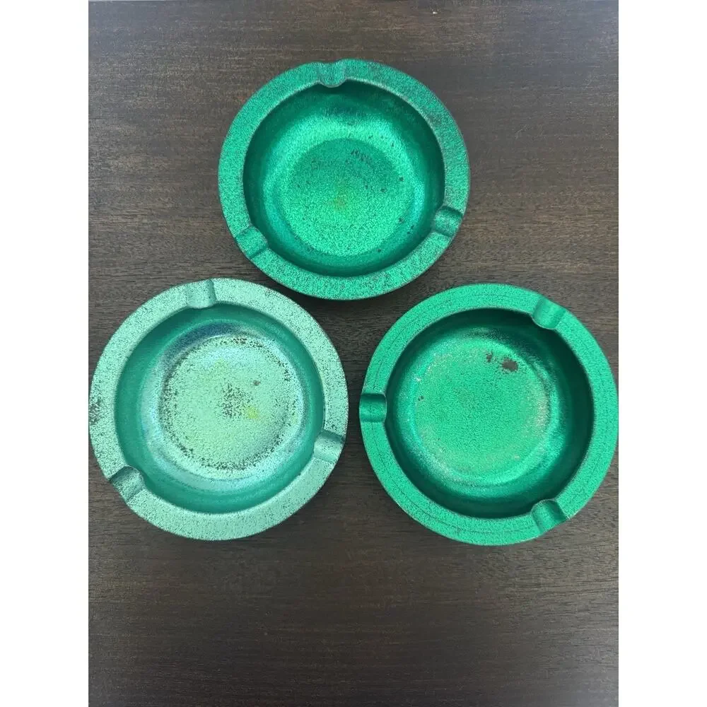 Vintage Set of 3 Aluminum Ashtrays Green 3 Butt Rests Oxidation Stains MCM VTG